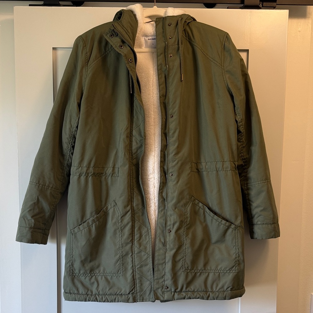 Old Navy Olive Green & Cream Faux Fur Coat